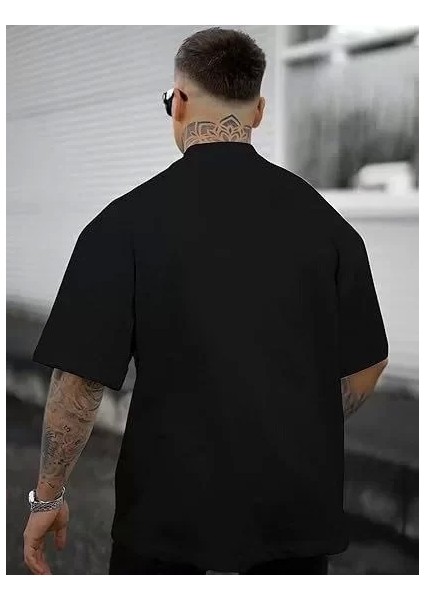 Erkek Bisiklet Yaka Kısa Kol Baskılı T-Shirt - Siyah