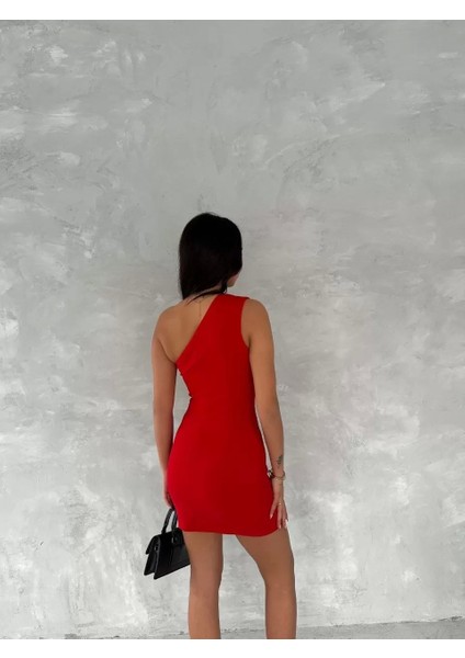 Tek Omuzlu Kolsuz Mini Boy Elbise - Kırmızı
