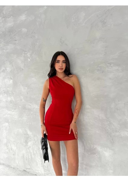 Tek Omuzlu Kolsuz Mini Boy Elbise - Kırmızı