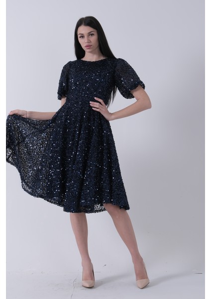 Lacivert Pul Payetli Midi Boy Kısakol Abiye 6502498.02