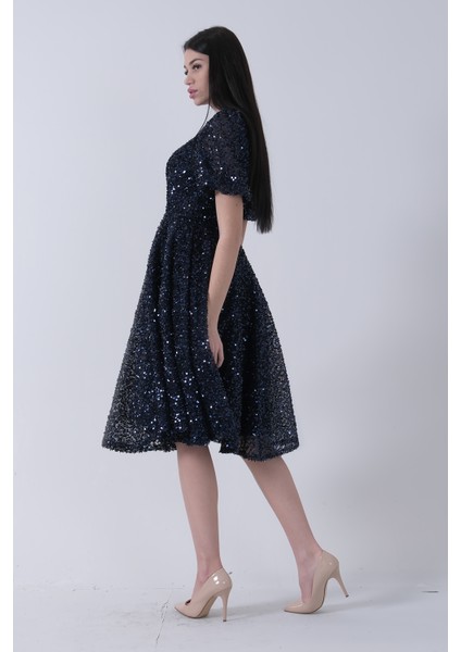 Lacivert Pul Payetli Midi Boy Kısakol Abiye 6502498.02 modelleri