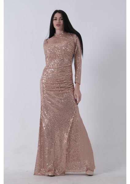 Gold Bisiklet Yaka Pul Payetli Yırtmaçlı Abiye 0801057.122