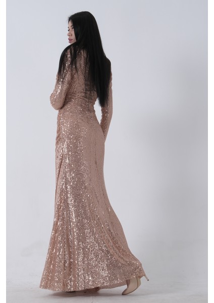 Gold Bisiklet Yaka Pul Payetli Yırtmaçlı Abiye 0801057.122 modelleri