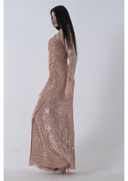 Gold Bisiklet Yaka Pul Payetli Yırtmaçlı Abiye 0801057.122 fırsatları