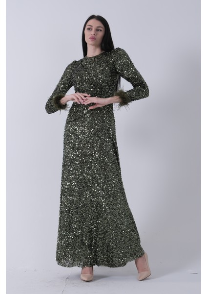 Zümrüt Bilek Ucu Tüylü Pul Payetli Tesettür Abiye 6502496.123