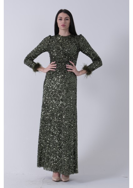 Zümrüt Bilek Ucu Tüylü Pul Payetli Tesettür Abiye 6502496.123 modelleri