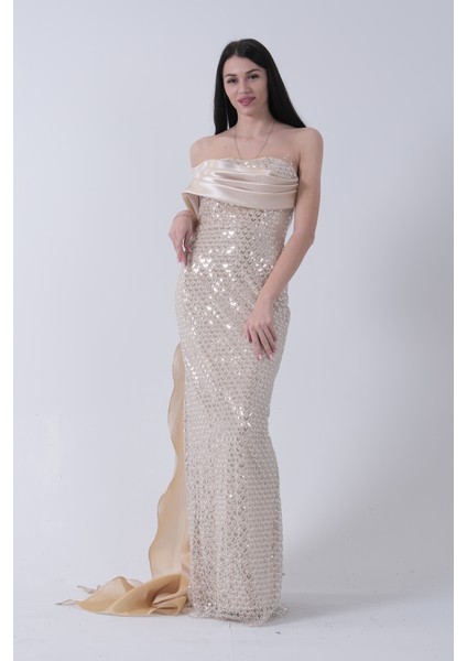 Gold Drape Yaka Detaylı Payet Işlemeli Uzun Kuşaklı Abiye 9705470.122