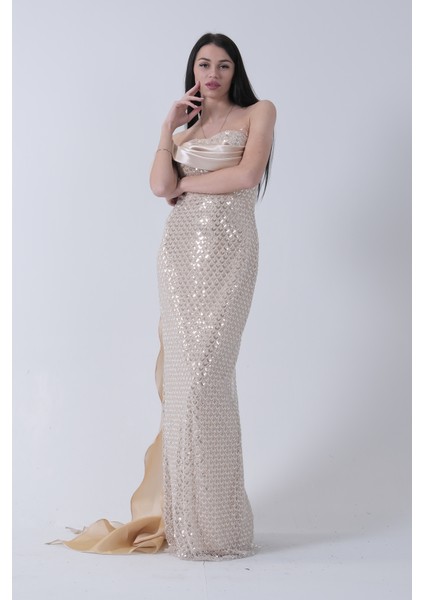 Gold Drape Yaka Detaylı Payet Işlemeli Uzun Kuşaklı Abiye 9705470.122