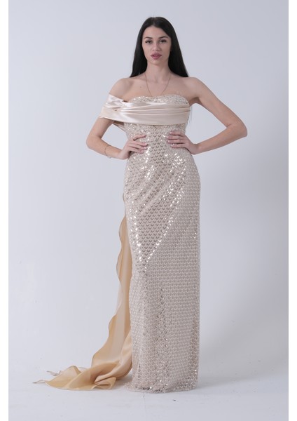 Gold Drape Yaka Detaylı Payet Işlemeli Uzun Kuşaklı Abiye 9705470.122