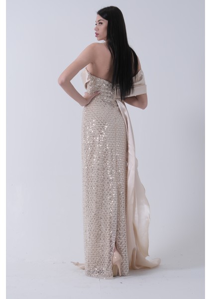 Gold Drape Yaka Detaylı Payet Işlemeli Uzun Kuşaklı Abiye 9705470.122