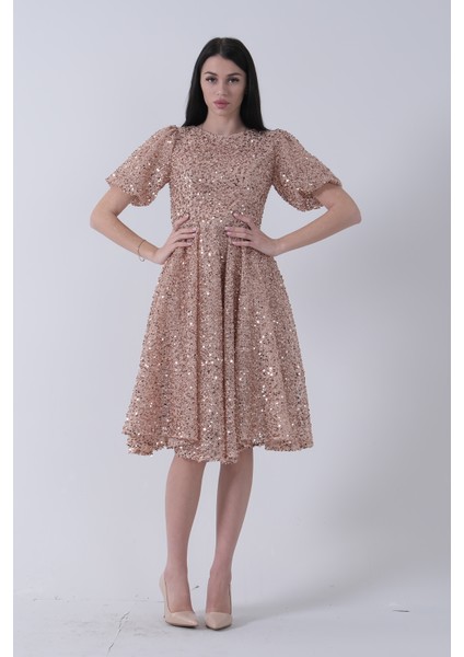 Gold Pul Payetli Midi Boy Kısakol Abiye 6502498.122