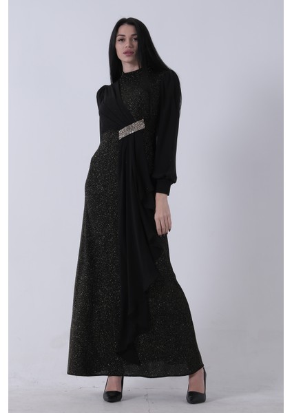 Gold Bisiklet Yaka Beli Taş Detaylı Tesettür Abiye 08061281.122