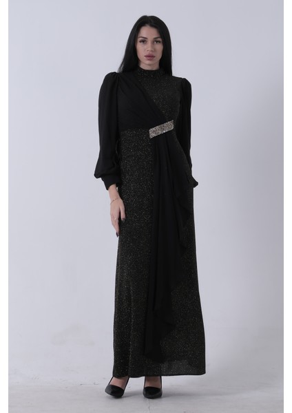 Gold Bisiklet Yaka Beli Taş Detaylı Tesettür Abiye 08061281.122 modelleri