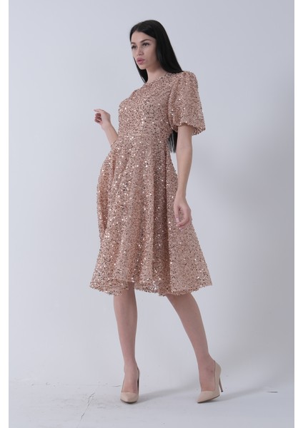 Gold Pul Payetli Midi Boy Kısakol Abiye 6502498.122