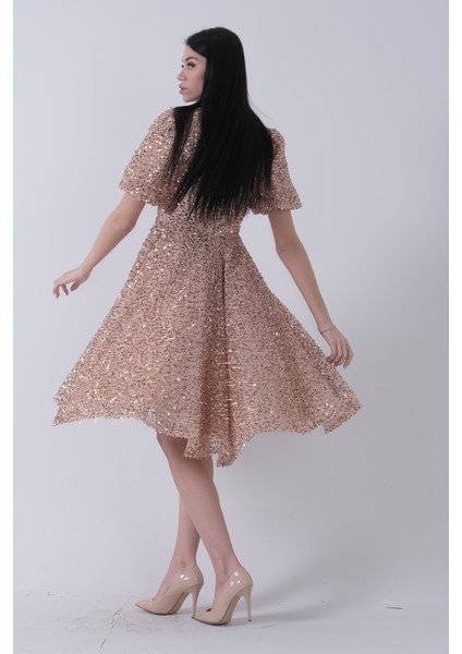 Gold Pul Payetli Midi Boy Kısakol Abiye 6502498.122