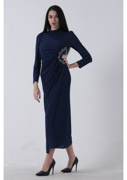 Saks Beli Taş Detaylı Uzun Kol Tesettür Abiye 08061261.26