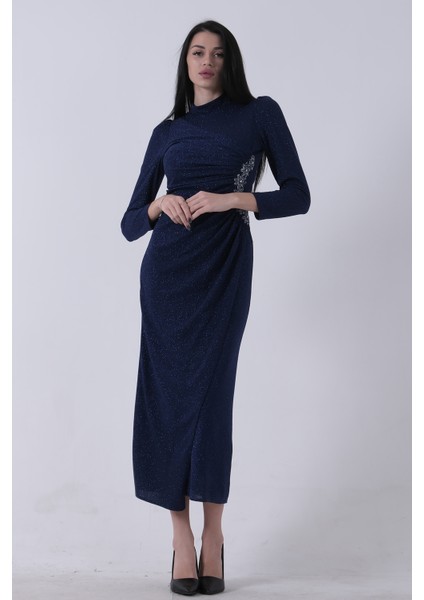 Saks Beli Taş Detaylı Uzun Kol Tesettür Abiye 08061261.26