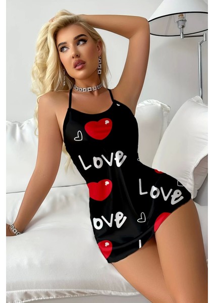 Aşk Temalı Kalp Desenli Siyah Saten Gecelik
