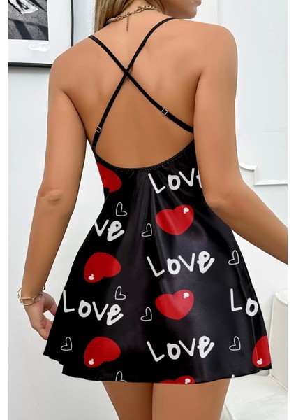 Aşk Temalı Kalp Desenli Siyah Saten Gecelik fiyatları