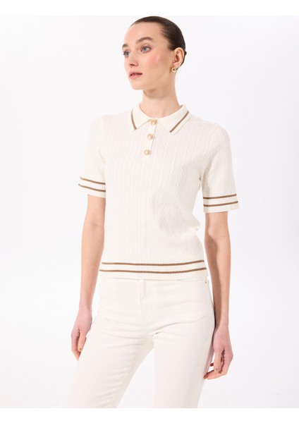 Polo Yaka Normal Çizgili Ekru Kazak Kadın F5SL-KZK0103