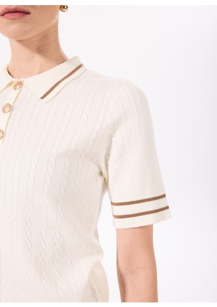 Polo Yaka Normal Çizgili Ekru Kazak Kadın F5SL-KZK0103