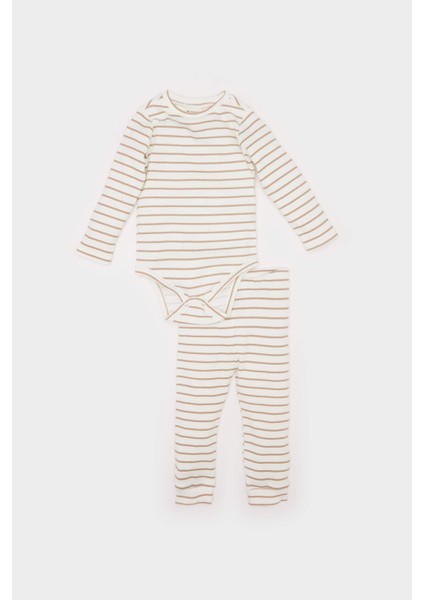 Erkek Bebek 2'li Takım Çizgili Fitilli Kaşkorse Uzun Kollu Çıtçıtlı Body Beli Lastikli Alt E6303A525SP