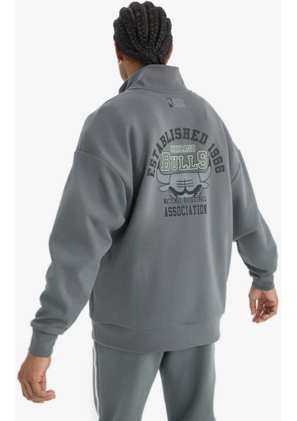 fit Nba Chicago Bulls Oversize Geniş Kalıp Fermuarlı Dik Yaka Skuba Dalgıç Kumaş SWEATSHIRT D8616AX25SP