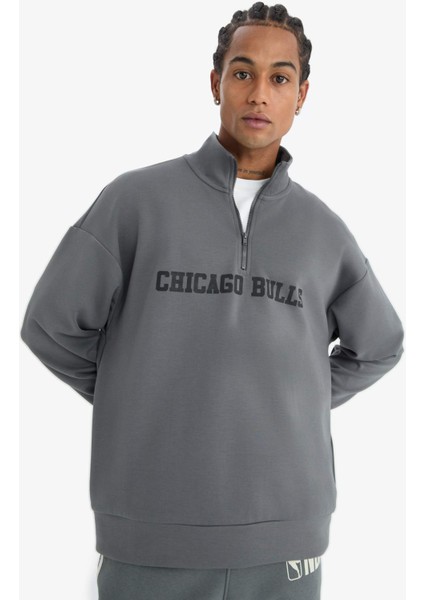 fit Nba Chicago Bulls Oversize Geniş Kalıp Fermuarlı Dik Yaka Skuba Dalgıç Kumaş SWEATSHIRT D8616AX25SP