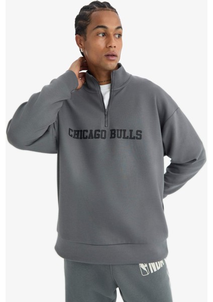 fit Nba Chicago Bulls Oversize Geniş Kalıp Fermuarlı Dik Yaka Skuba Dalgıç Kumaş SWEATSHIRT D8616AX25SP