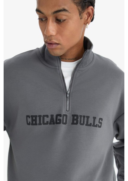 fit Nba Chicago Bulls Oversize Geniş Kalıp Fermuarlı Dik Yaka Skuba Dalgıç Kumaş SWEATSHIRT D8616AX25SP