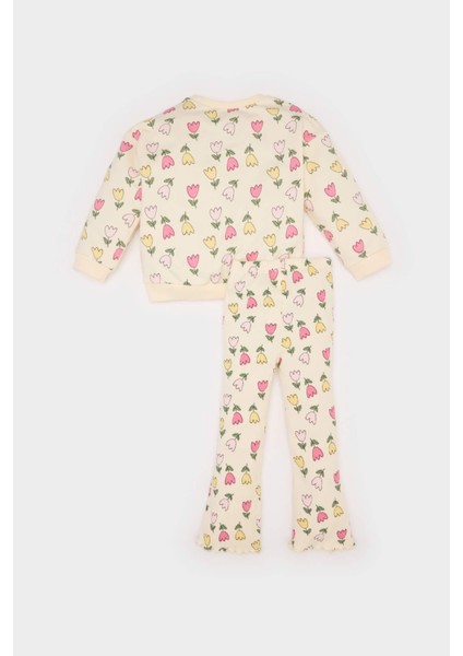 Kız Bebek 2'li Takım Çiçekli Bisiklet Yaka Sweatshşrt Esnek Belli Tayt D8341A525SP