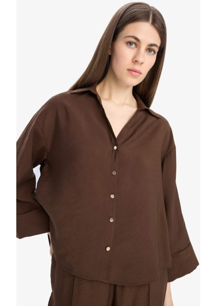 Loose Fit Apaşk Yaka Basic Düz Uzun Kollu Gömlek E9007AX25SP