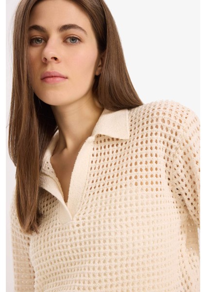 Relax Fit Polo Yaka Basic Düz Ajur Triko Kazak E7025AX25SM indirimleri