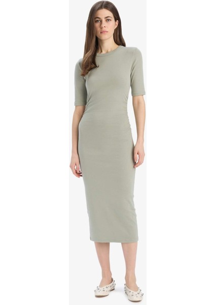 Bodycon Vücudu Saran Bisiklet Yaka Ribana Kısa Kollu Midi Elbise E6003AX25SP