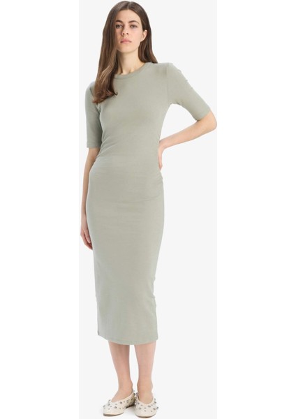 Bodycon Vücudu Saran Bisiklet Yaka Ribana Kısa Kollu Midi Elbise E6003AX25SP