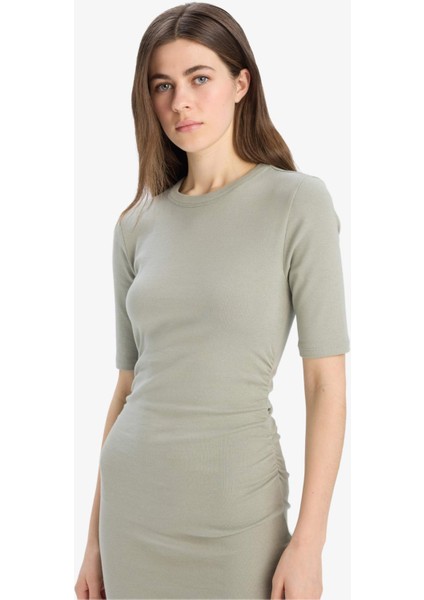 Bodycon Vücudu Saran Bisiklet Yaka Ribana Kısa Kollu Midi Elbise E6003AX25SP