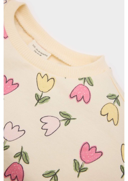 Kız Bebek 2'li Takım Çiçekli Bisiklet Yaka Sweatshşrt Esnek Belli Tayt D8341A525SP