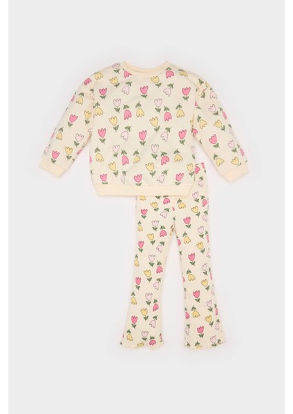Kız Bebek 2'li Takım Çiçekli Bisiklet Yaka Sweatshşrt Esnek Belli Tayt D8341A525SP