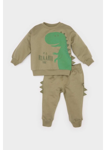 Erkek Bebek 2'li Takım Dinazor Baskılı Sweatshirt Beli Lastikli Eşofman Altı E4910A525SP