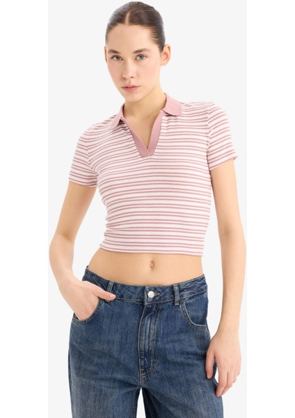 Fitted Polo Yaka Çizgili Fitilli Kaşkorse Kısa Kollu Tişört E7907AX25SM modelleri