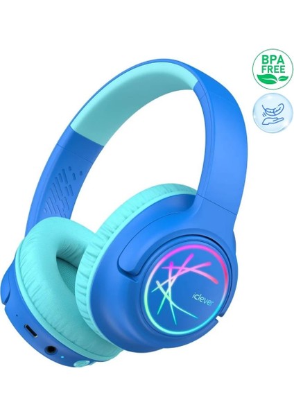 LED Işıklı Güvenli Ses Sınırlı 45 Saat Oynatma Süreli Bluetooth Çocuk Kulaklığı Mavi