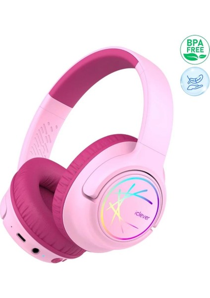 LED Işıklı Güvenli Ses Sınırlı 45 Saat Oynatma Süreli Bluetooth Çocuk Kulaklığı Pembe