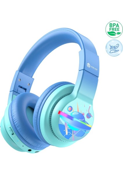 LED Işıklı Güvenli Ses Sınırlı 85 Saat Oynatma Süreli Bluetooth Çocuk Kulaklığı Açık Mavi