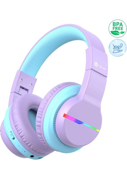 LED Işıklı Güvenli Ses Sınırlı 85 Saat Oynatma Süreli Bluetooth Çocuk Kulaklığı Lila Mavi
