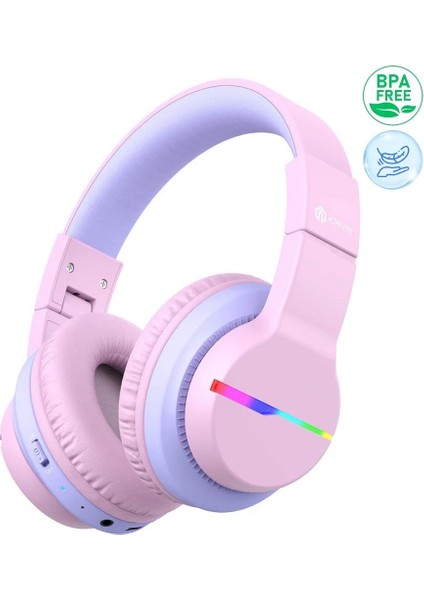 LED Işıklı Güvenli Ses Sınırlı 85 Saat Oynatma Süreli Bluetooth Çocuk Kulaklığı Lila Mor