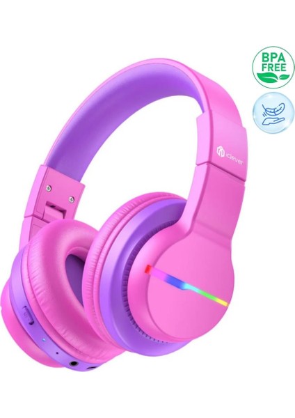 LED Işıklı Güvenli Ses Sınırlı 85 Saat Oynatma Süreli Bluetooth Çocuk Kulaklığı Pembe