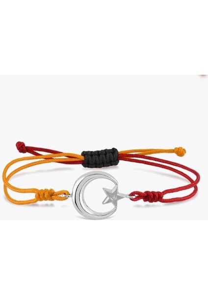 925 Ayar Gümüş Ayyıldız Model Sarı Kırmızı Ipli Ayarlanabilir Unisex Bileklik