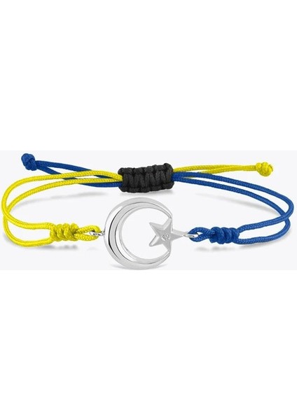 925 Ayar Gümüş Ayyıldız Model Sarı Lacivert Ipli Ayarlanabilir Unisex Bileklik