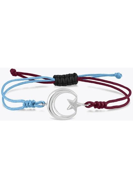 925 Ayar Gümüş Ayyıldız Model Bordo Mavi Ipli Ayarlanabilir Unisex Bileklik