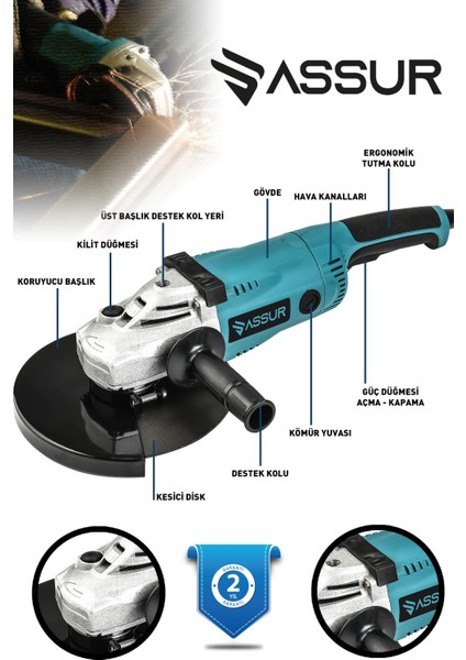 2200W Metal Şanzıman 230mm Büyük Sipiral Taşlama